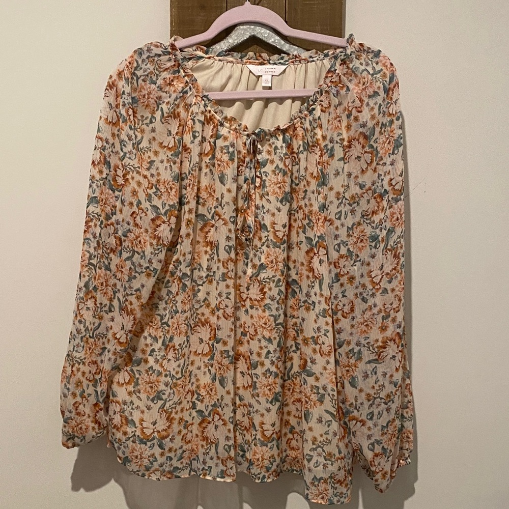 LC Lauren Conrad Orange and Cream Floral Blouse
